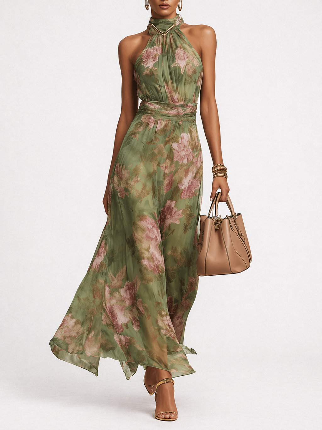Serena | Vestido largo verde con estampado floral  y cuello halter