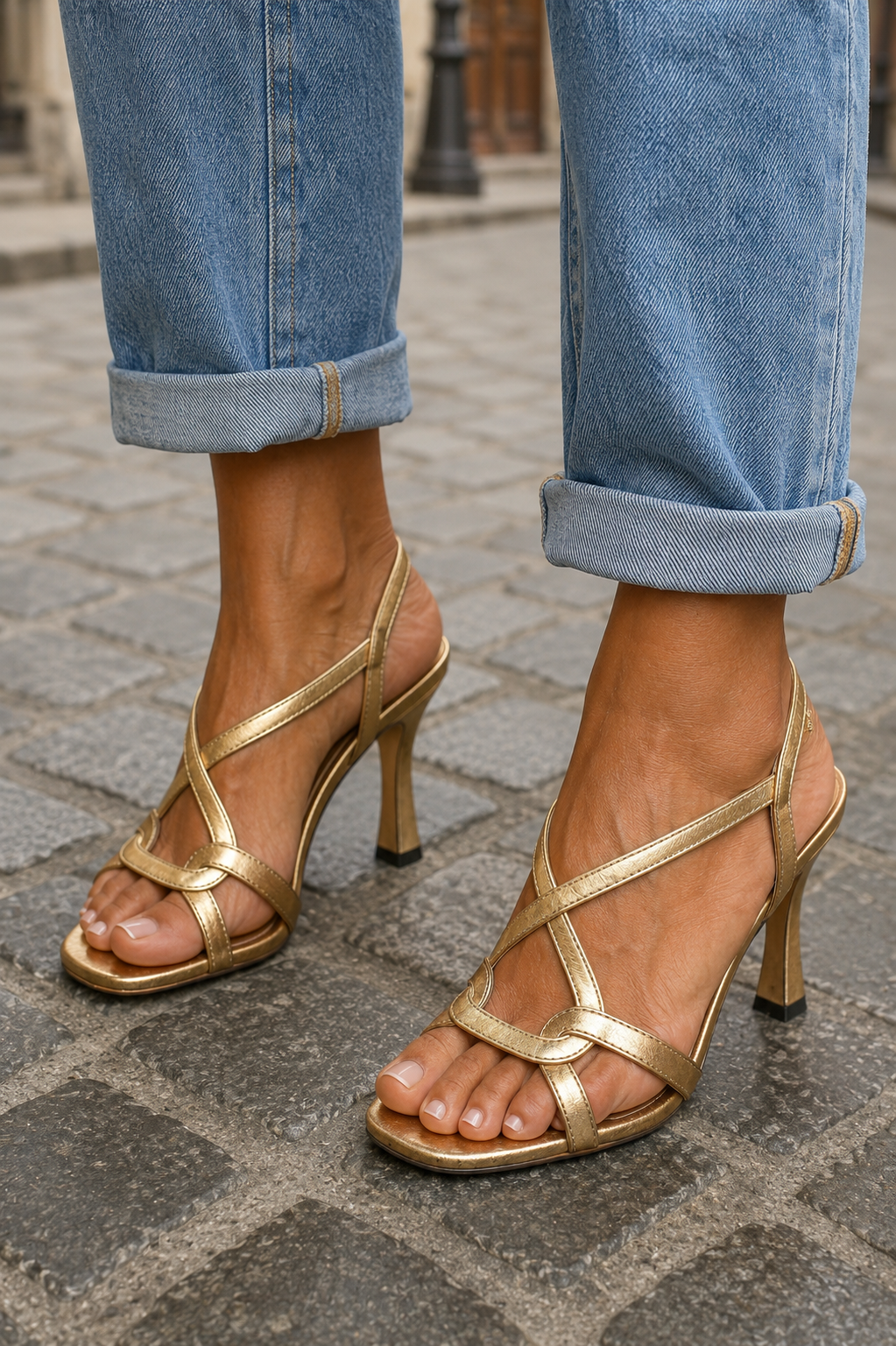Sandalias Doradas Metálicas con Tiras Cruzadas