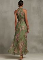 Serena | Vestido largo verde con estampado floral  y cuello halter