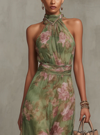Serena | Vestido largo verde con estampado floral  y cuello halter