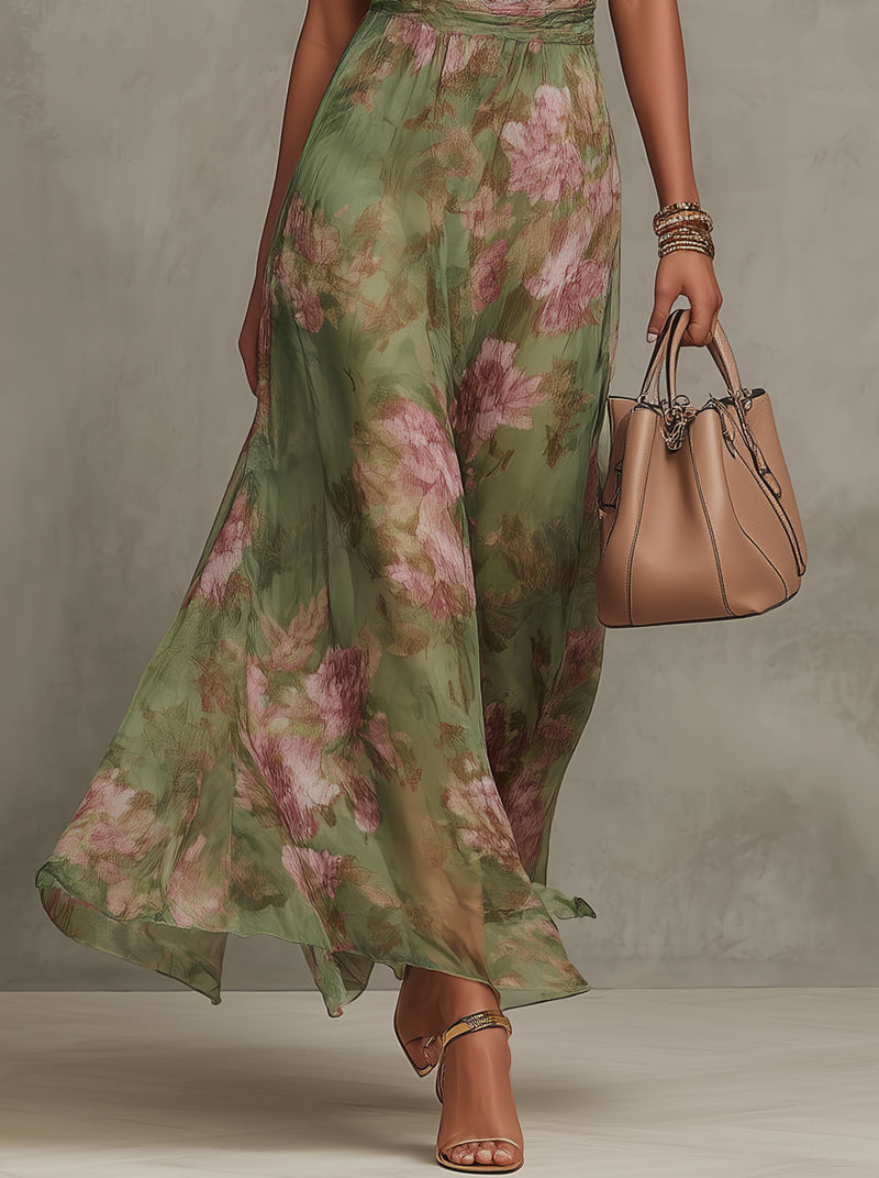 Serena | Vestido largo verde con estampado floral  y cuello halter