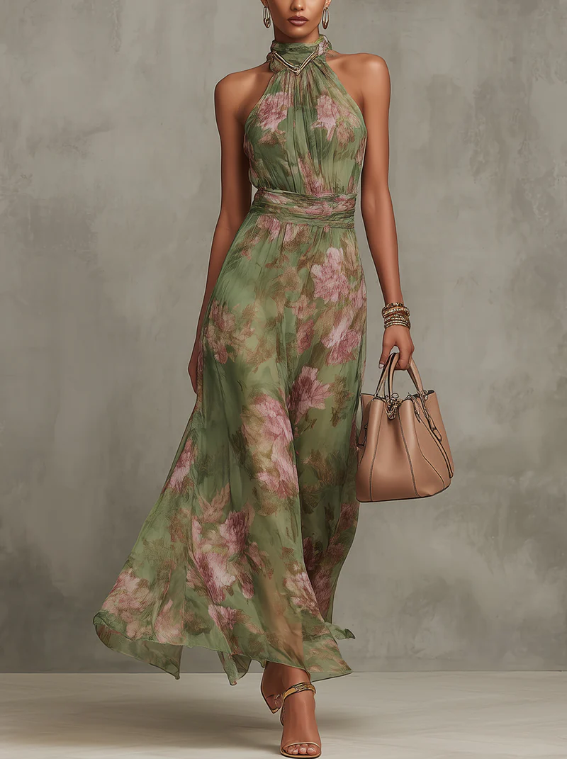 Serena | Vestido largo verde con estampado floral  y cuello halter