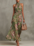 Serena | Vestido largo verde con estampado floral  y cuello halter
